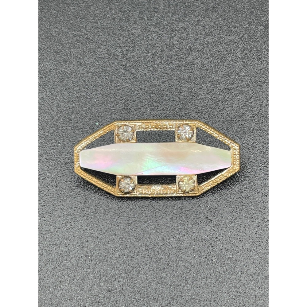 Vintage Iridescent Mother Of Pearl Rhinestone Brooch Metal 1" Pin C Clasp